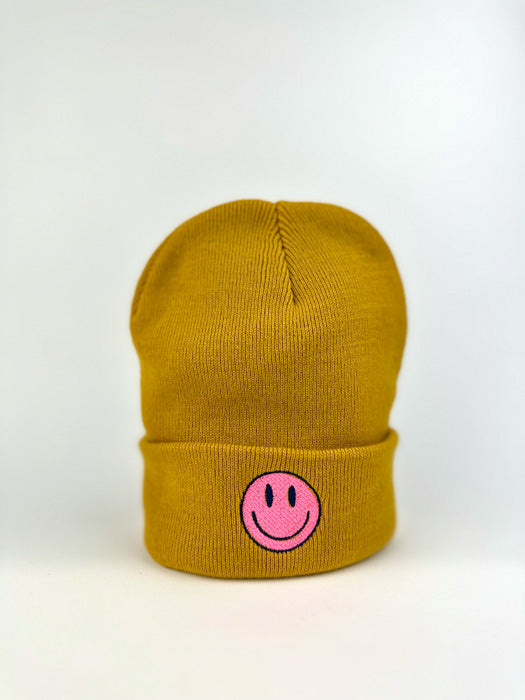 Smiley Face Beanie Mustard Yellow Unisex