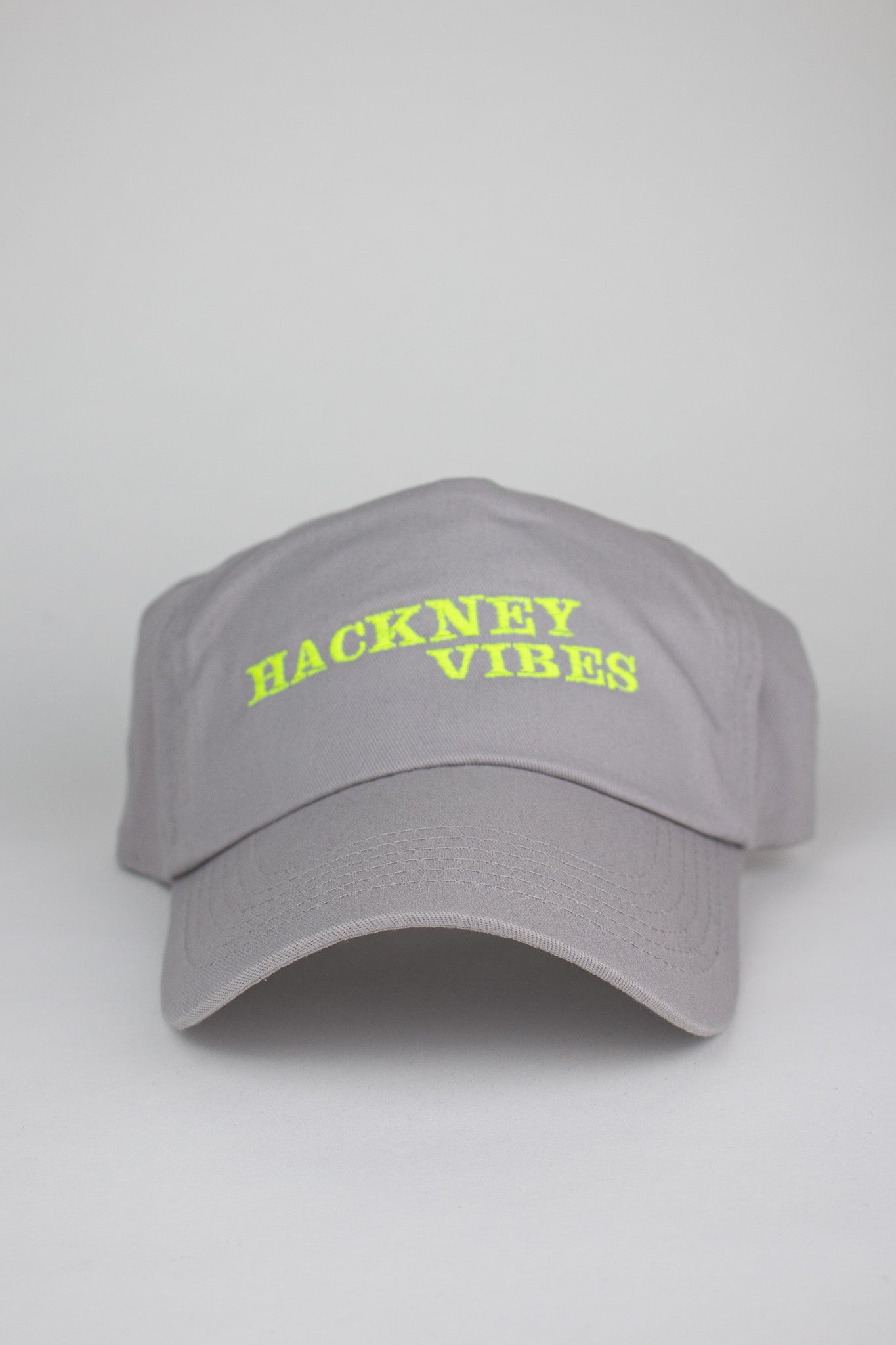 Light Grey Baseball Cap – Hackney Vibes Cap with Yellow Embroidery