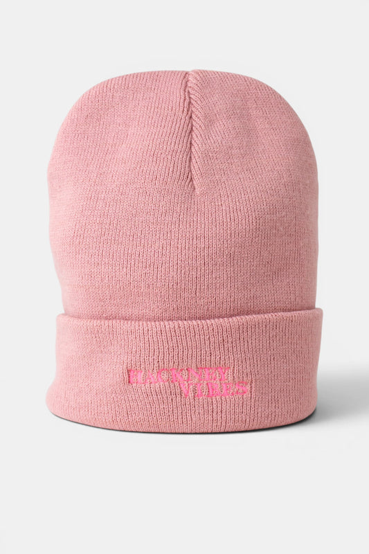 Dusty Pink Beanie – Hackney Vibes with fluorescent pink embroidery