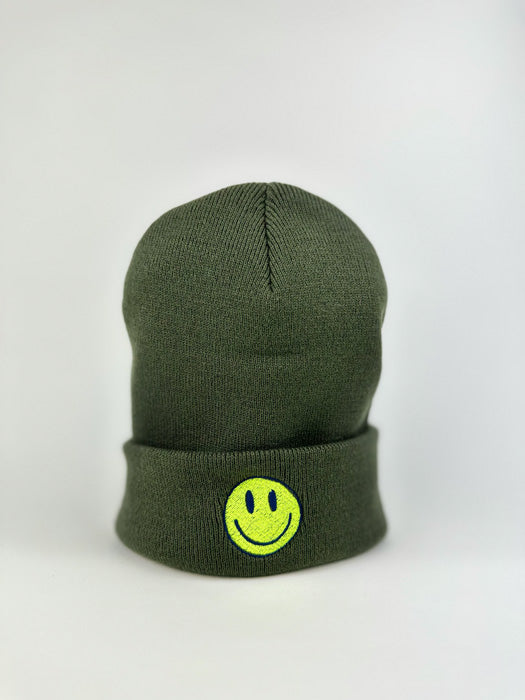 Smiley Face Beanie Olive Green Unisex