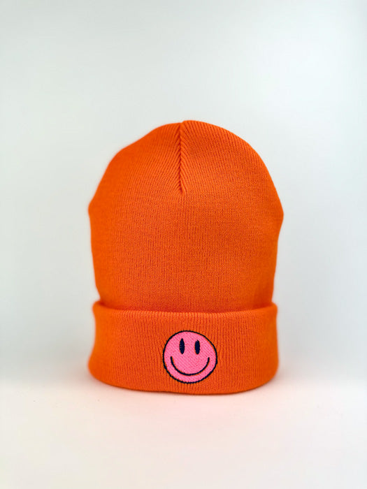 Smiley Face Beanie Fluorescent Orange Unisex