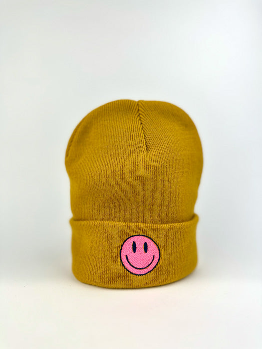 Smiley Face Beanie Mustard Yellow Unisex