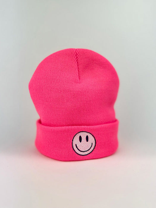 Smiley Face Beanie Neon Pink Unisex