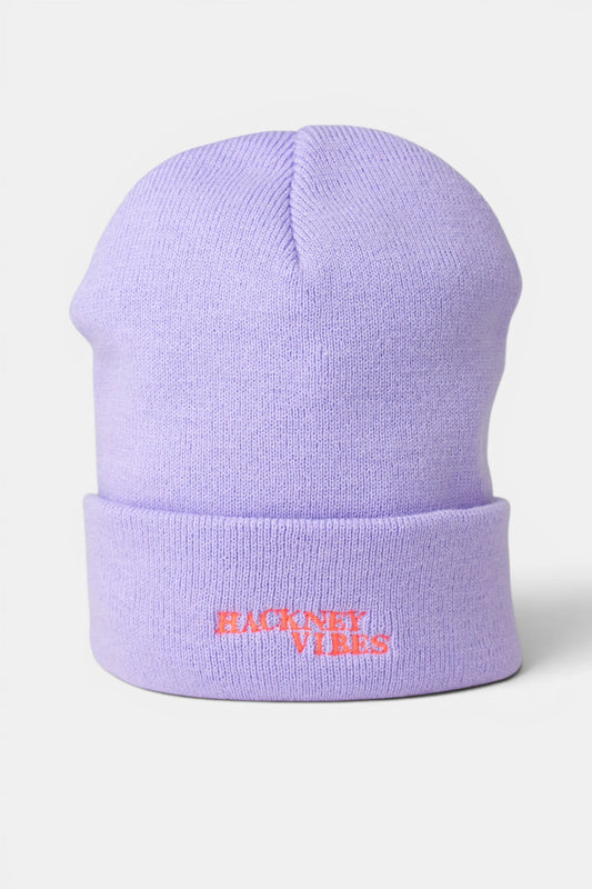 Lavender Beanie - Hackney Vibes with Fluorescent Coral Orange Embroidery