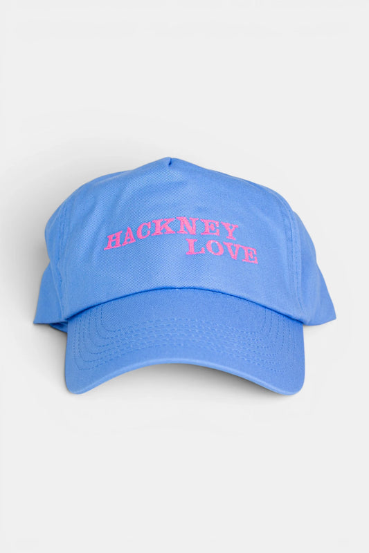 Light Blue Baseball Cap – Hackney Love with Fluorescent Pink Embroidery
