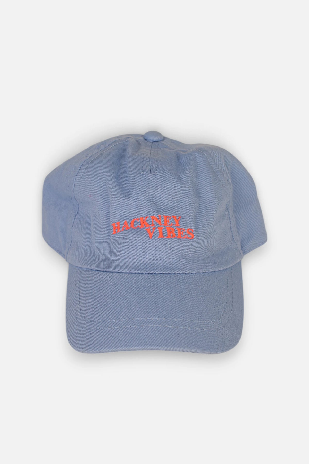 Light Blue Toddler Cap with fluorescent coral orange 'HACKNEY VIBES' embroidery