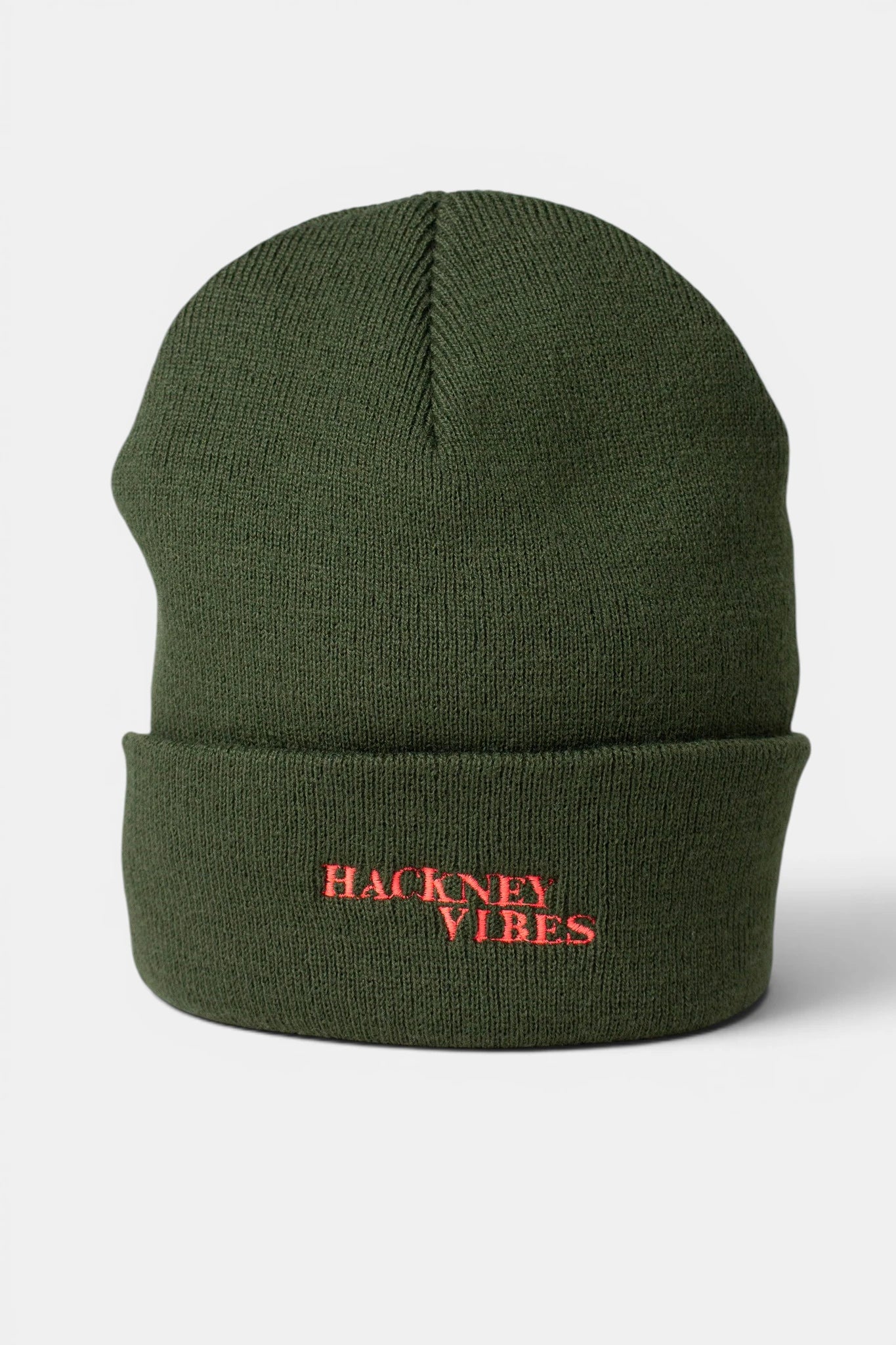 Olive Green Beanie – Hackney Vibes with Fluorescent Coral Orange Embroidery