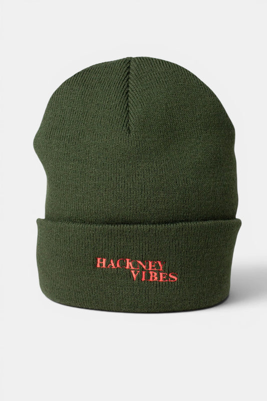 Olive Green Beanie – Hackney Vibes with Fluorescent Coral Orange Embroidery