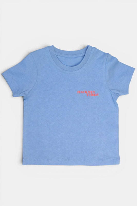 Light blue kids T-shirt with fluorescent coral orange Hackney Vibes embroidery
