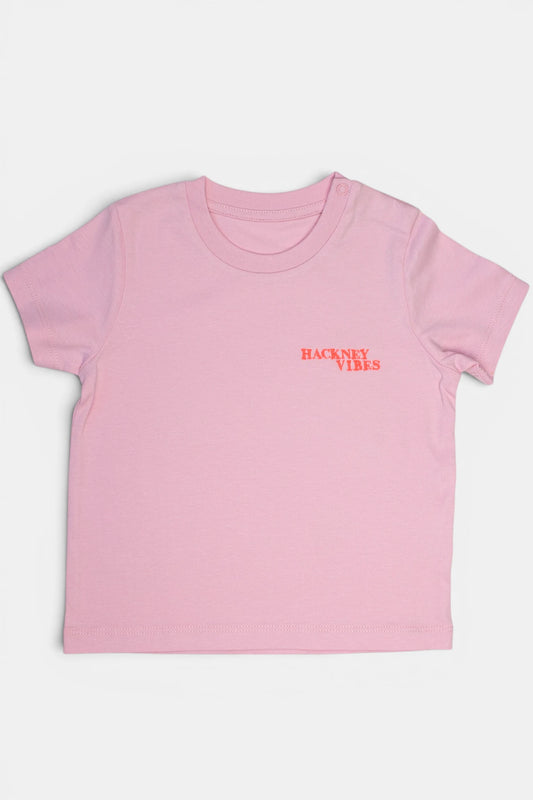 Light pink kids T-shirt with fluorescent coral orange Hackney Vibes embroidery