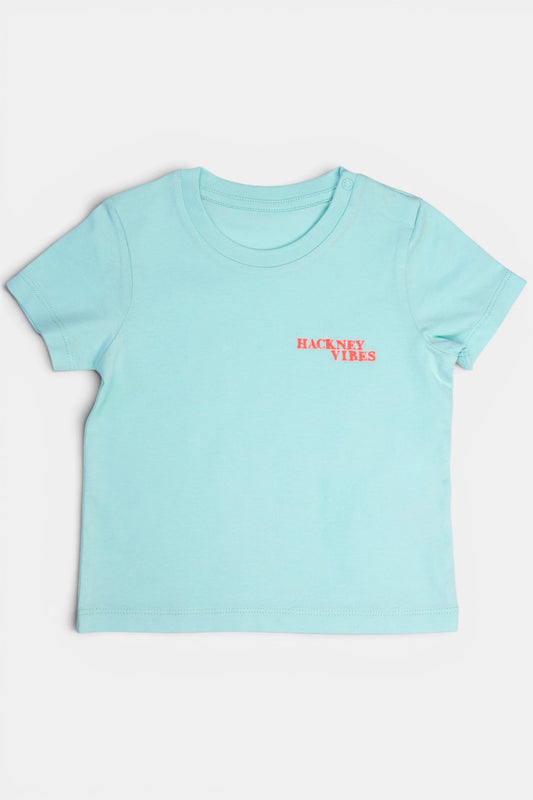 Mint kids T-shirt with fluorescent coral orange Hackney Vibes embroidery