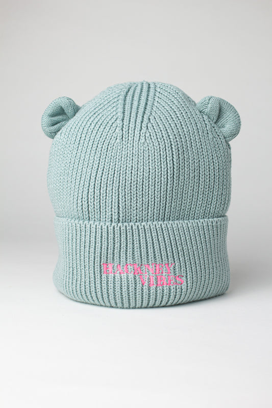 Sage green baby bear beanie with bear ears and fluorescent coral Hackney Vibes embroidery