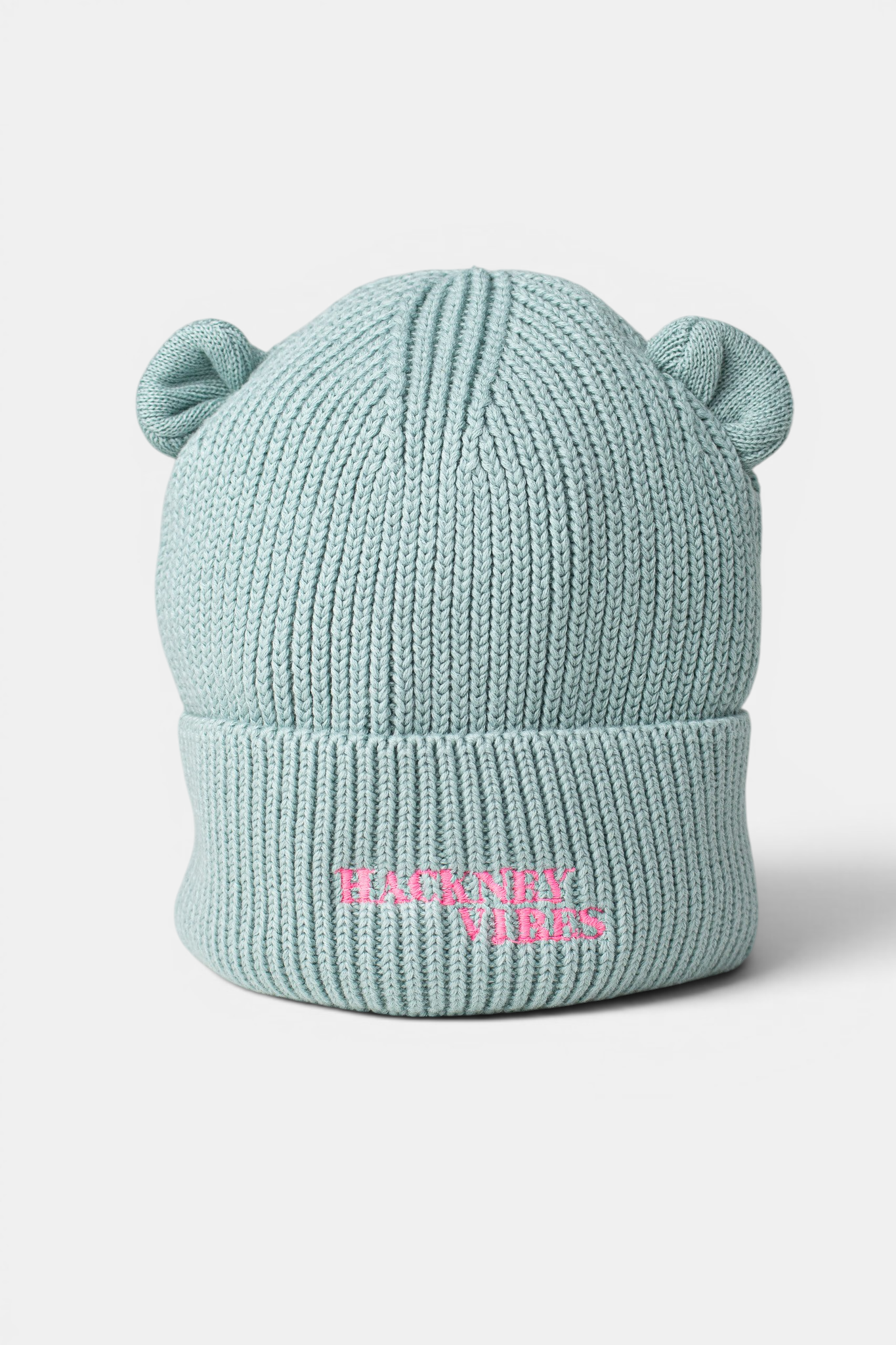 Sage green baby bear beanie with bear ears and fluorescent coral Hackney Vibes embroidery