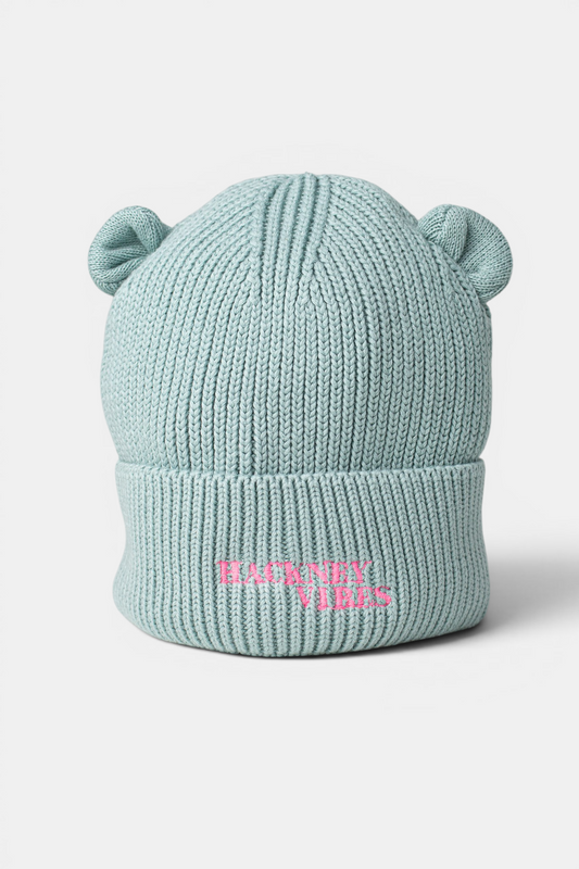 Sage green baby bear beanie with bear ears and fluorescent coral Hackney Vibes embroidery